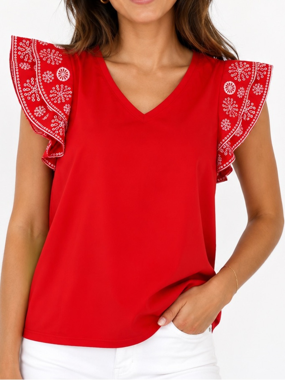 CHICOS Red & White Ruffle Embroidered Flutter Sleeve V-Neck Tee T-Shirt Top